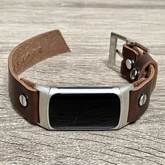 Dark Brown Leather Silver Fitbit Charge 5 Band Women Strap Bracelet - Picture 5 of 8